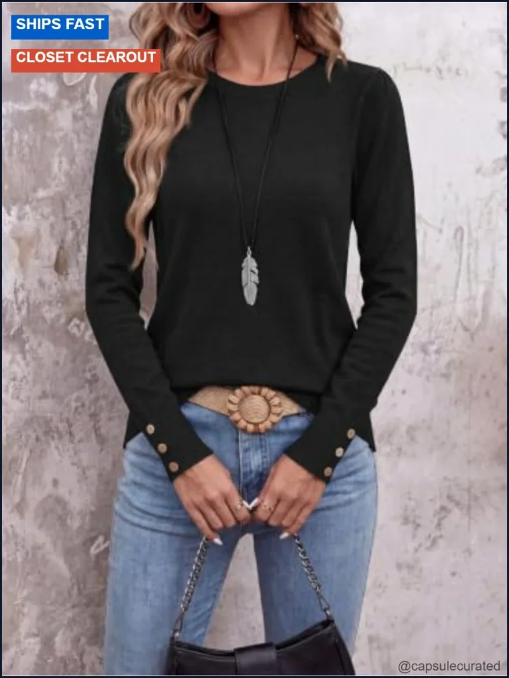 Lightweight Knit Pullover Sweater, Puff Sleeve, Crewneck Button Cuff, Business